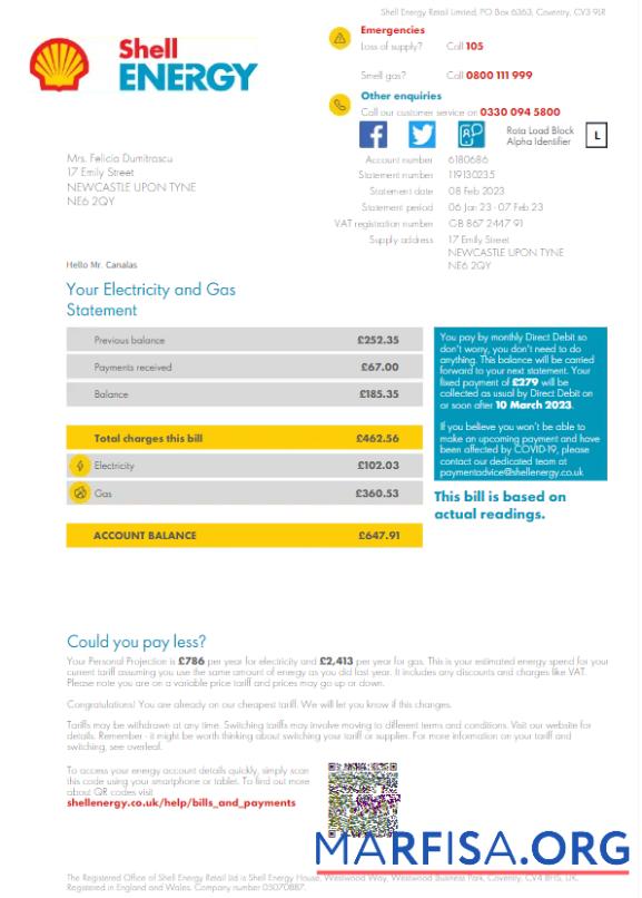 Blank UNITED KINGDOM SHELL ENERGY utility bill template Word and PDF template